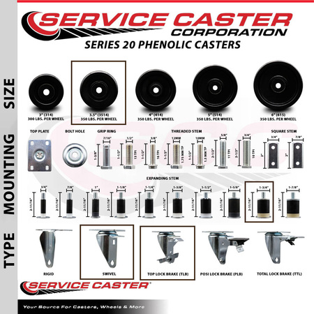 Service Caster 3.5'' SS Phenolic Swivel 1-3/4'' Expanding Stem Caster Set with Brake, 4PK SCC-SSEX20S3514-PHS-TLB-134-4